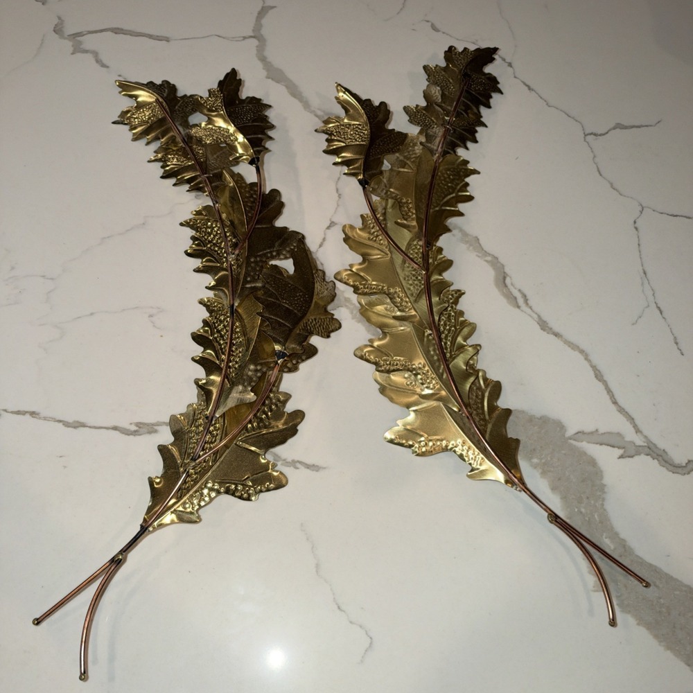 Lot Of 2 Vintage Brass And Copper Leaf Wall Hangings 18" Curved - Picture 5 of 5